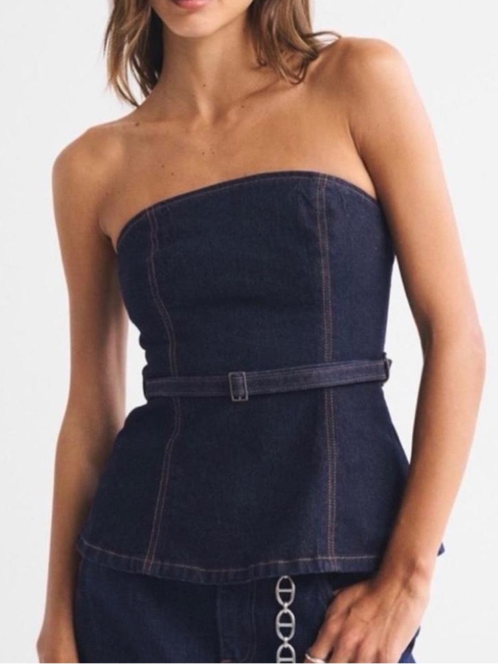 Abercrombie & Fitch Dark Indigo Denim Strapless Belted Top